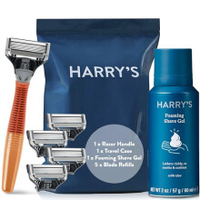 Harry's Razors for Men - Men's Razor Set with Bright Orange Handle, 5 Razor Blade Refills, Travel Blade Cover, 60ml Shave Gel