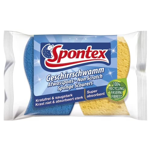 Spontex 2 Spongy Non Scratch Scourers, Yellow Sponge Blue Scourer