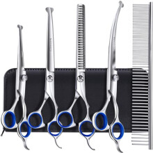 Gimars 6-in-1 Dog Grooming Scissors Set - 4CR Stainless Steel, Titanium Coated, Safety Round Tip, 2 Straight, 1 Curved, 1 Thinning Scissor & Comb