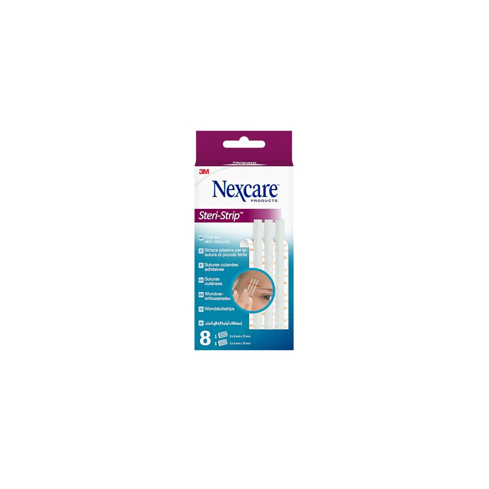 Nexcare Steri-Strip Skin Closures, Assorted Sizes, 8 Plasters Per Pack, Suitable For Securing And Closing Small Cuts And Wounds, For First Aid Kits