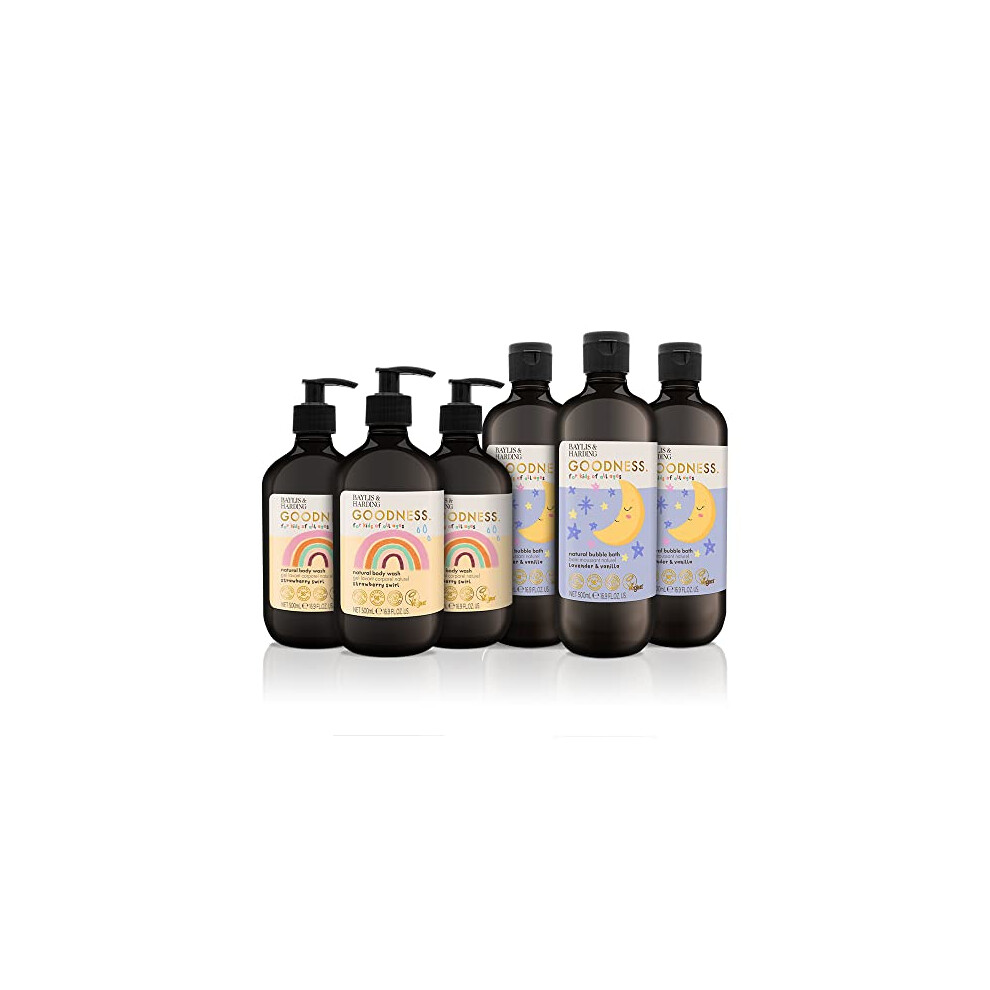 Baylis & Harding Goodness Kids Toiletries Bundle: 3 x 500 ml Body Wash & 3 x 500 ml Bubble Bath (6 bottles) - Vegan Friendly