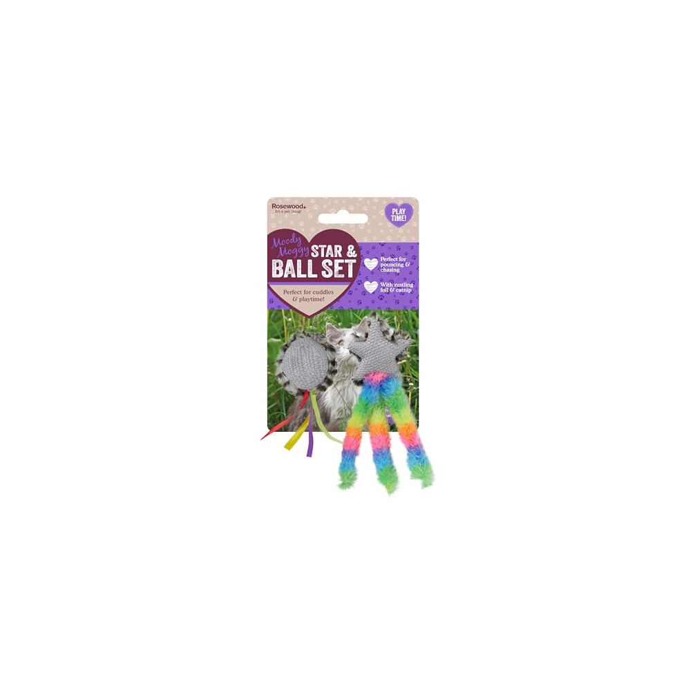 Rosewood Moody Moggy Star & Ball Cat Toy Set - Engaging Interactive Toys With Catnip For Fun Play & Exercise
