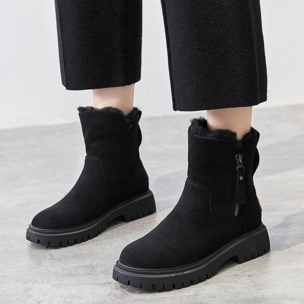 (black, 41) Women's Solid Color Platform Short Boots, Fashion Lace Up Plush Lined Boots, Comfortable Winter Ankle Boots
