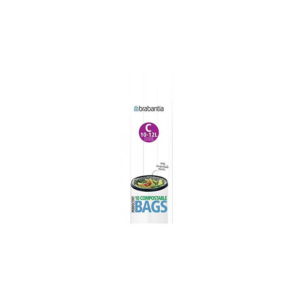 Brabantia Compostable Bin Liners for Food Waste & Organic Composting (Size C/10-12 Litre) Biodegradable Small Bin Bags (Pack of 10 Bags)