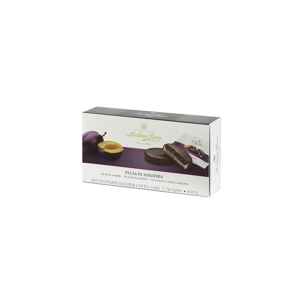 Anthon Berg Chocolate Covered Marzipan Treats, Plum In Madeira, With A Delicious Jam Of Fresh Fruits, 220 G Box, (Pack Of 1) Dark
