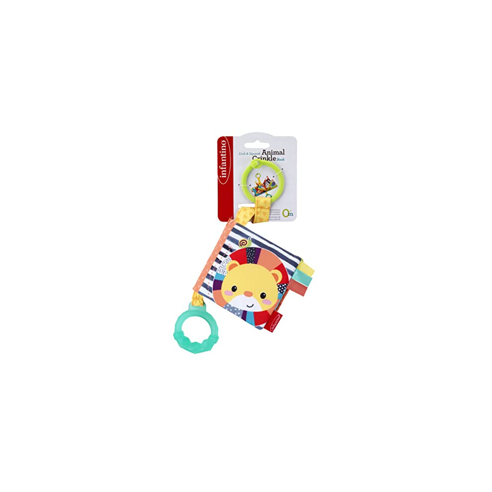 Infantino Multicoloured Fabric Crinkle Book - Scrunching Page Sounds, Round Teether, Squeaker, Animal Themed - Ages 6 Months +