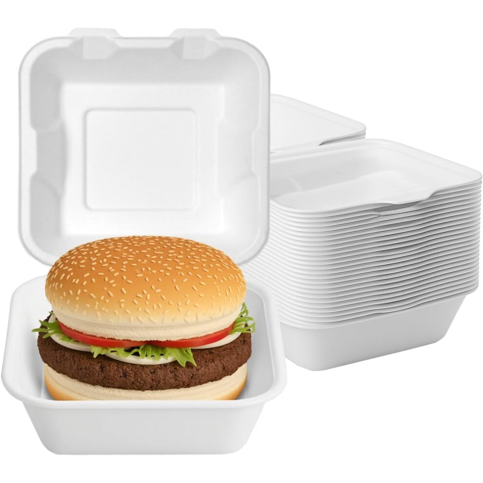 (100) Takeaway Burger Box Strong 6x6 Inch Clamshell Box Disposable Bagasse Sugarcane Closure Box