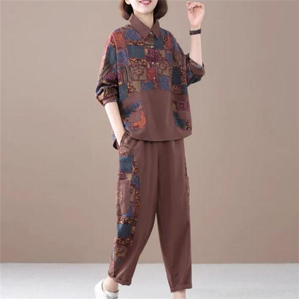 (coffee, XL) Women Suit Spring And Autumn Korean Printed Two-piece Set Female Fashionable Casual Cotton And Linen Outfit Femme 2pcs