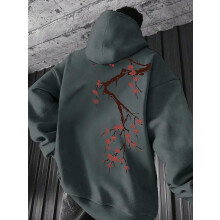 (Gray., L) Men's Floral Print Drop Shoulder Hoodie, Fashion Casual Regular Fit Drawstring Pocket Hooded Sweatshirt for Daily Holiday Outdoor Wear