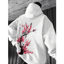 (White, XL) Men's Floral Print Drop Shoulder Hoodie, Fashion Casual Regular Fit Drawstring Pocket Hooded Sweatshirt for Daily Holiday Outdoor Wear