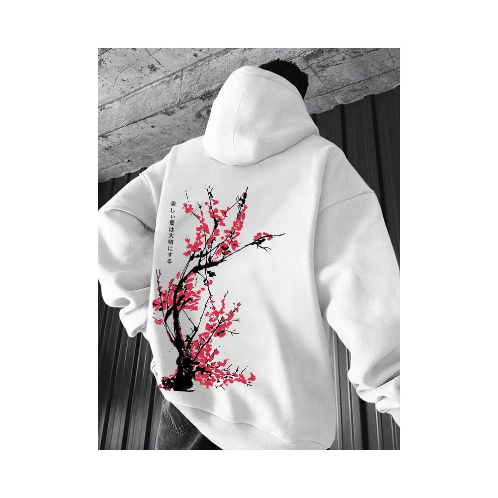 (White, XL) Men's Floral Print Drop Shoulder Hoodie, Fashion Casual Regular Fit Drawstring Pocket Hooded Sweatshirt for Daily Holiday Outdoor Wear