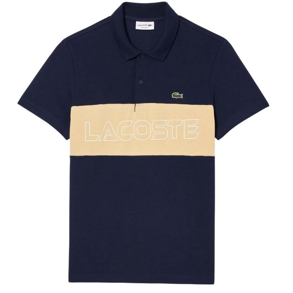 (M, Navy/Cream) Lacoste Mens Pique Stretch Regular Polo Shirt