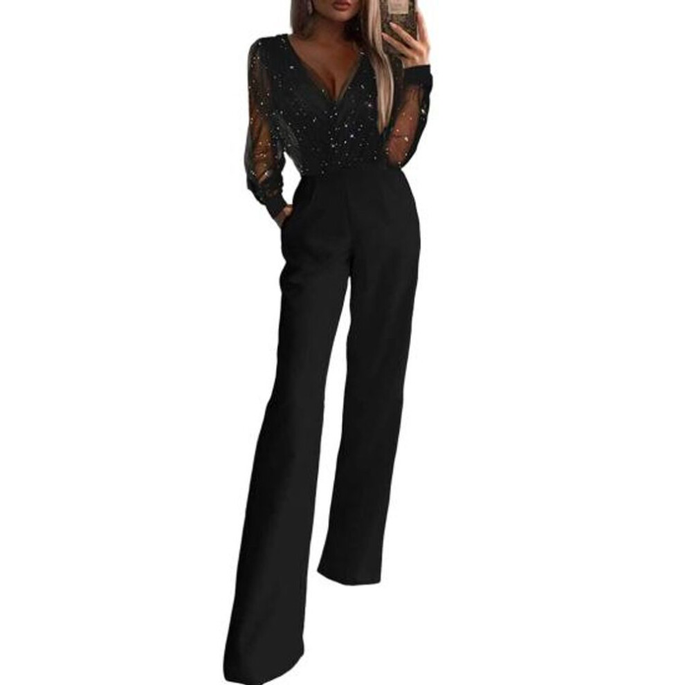 (L, black) Women Jumpsuit See-through Mesh Patchwork High Waist With Pockets Wide Leg V Neck Prom Party Formal Banquet Jumpsuit