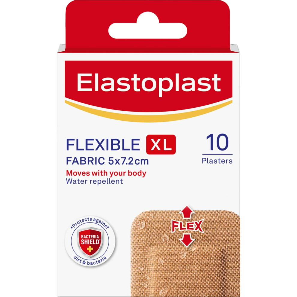 Elastoplast Flexible Xl Fabric Plasters (10 X 10 Pieces), Extra Large Wound Pad, Breathable, Large Plaster For Knees And Elbows, Strong Adhesion, Wat