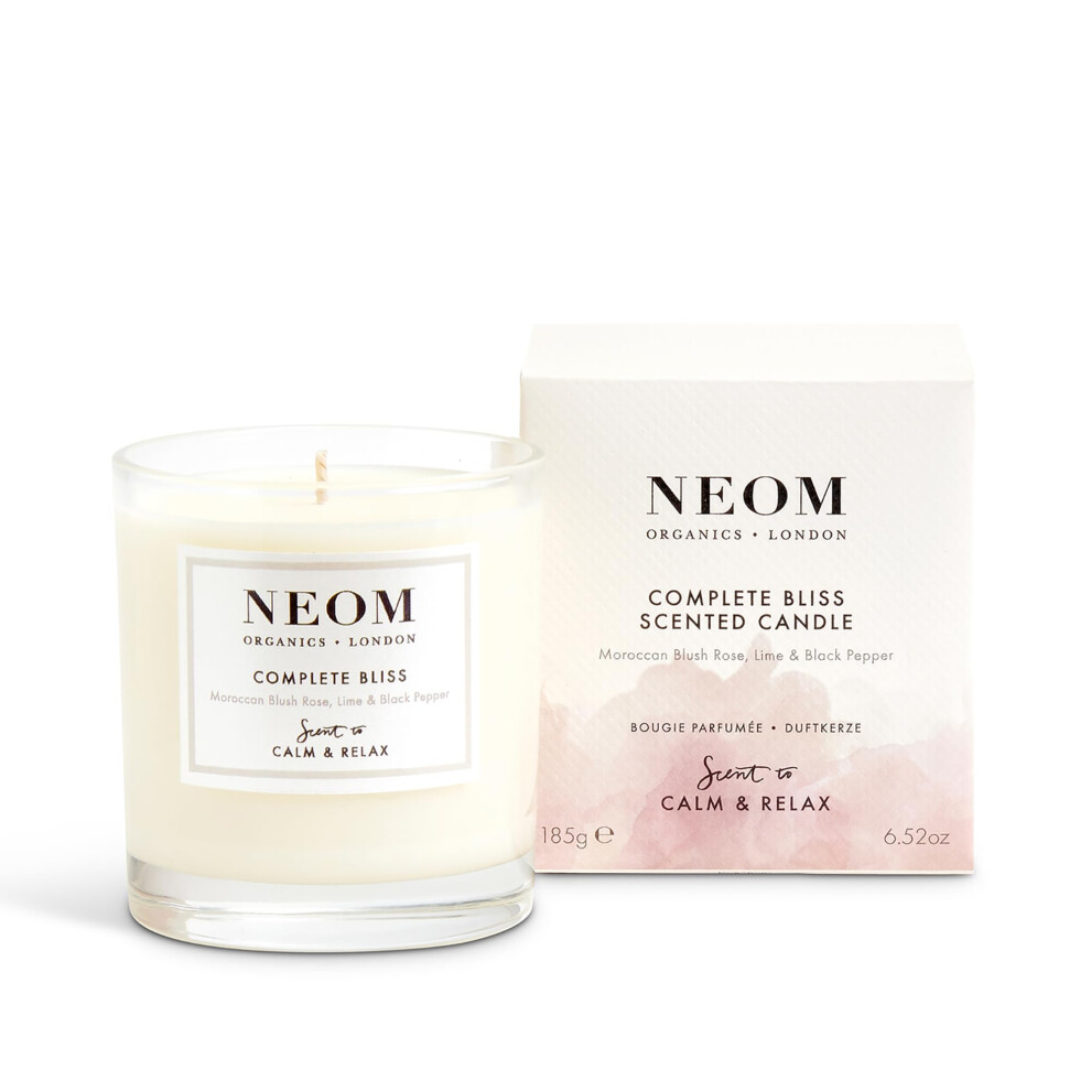 NEOM- Complete Bliss Scented Candle, 1 Wick | Blush Rose, Lime & Black Pepper | Essential Oil Aromatherapy Candle | Scent to De-Stress,White,185 g (P