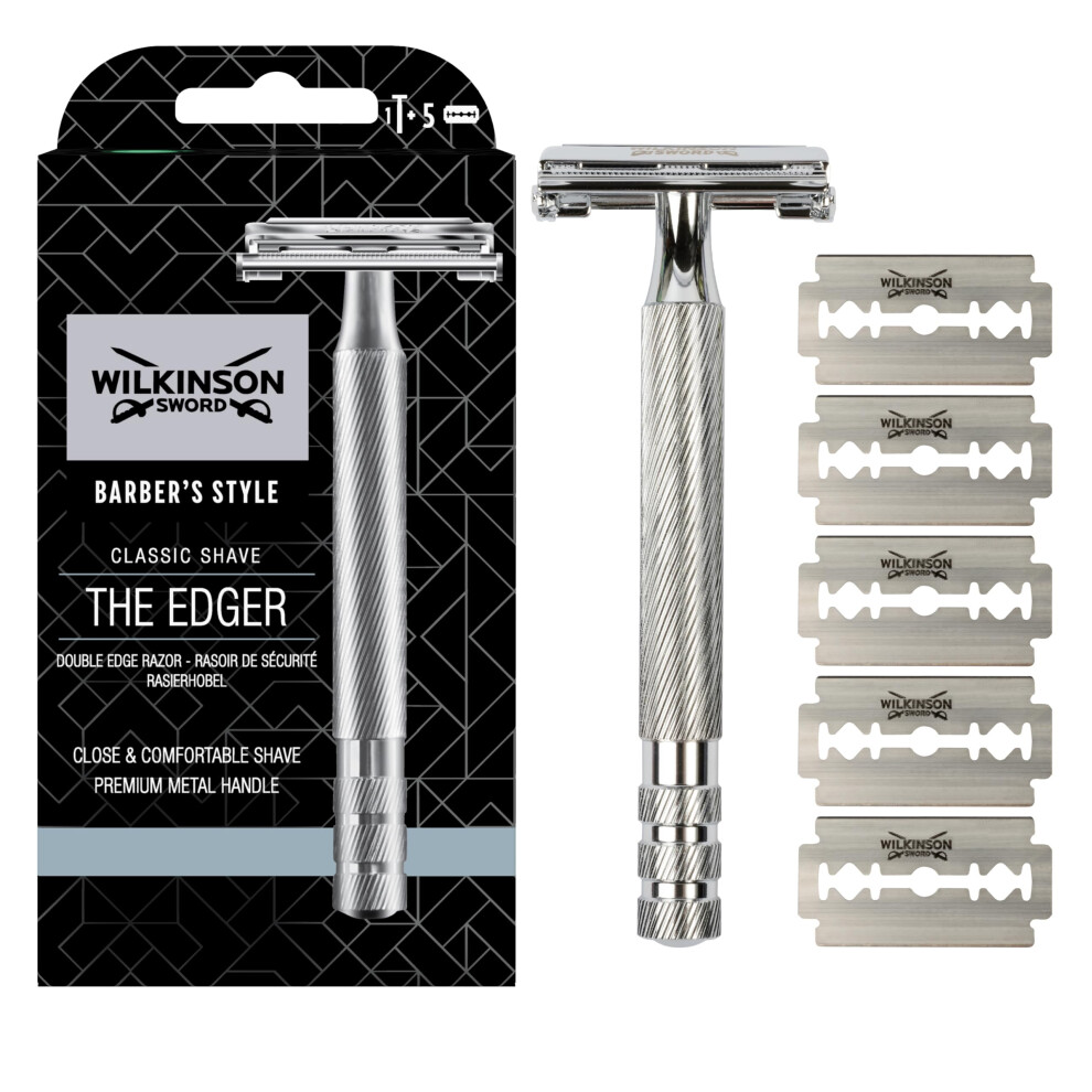 Wilkinson Sword Double Edge Razor For Men, Barber's Style Wet Shavers for a Close and Comfortable Shave, 1 Double-Sided Razor Handle plus 5 Blades Re-image-OPC-PHFTSWD-NEW