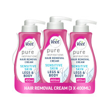Veet Pure Hair Removal Cream 400ml (3 Pack) For Legs And Body, Sensitive Skin, Includes Spatula, Long-Lasting Smoothness, Hydrates, Exfoliates, Minim