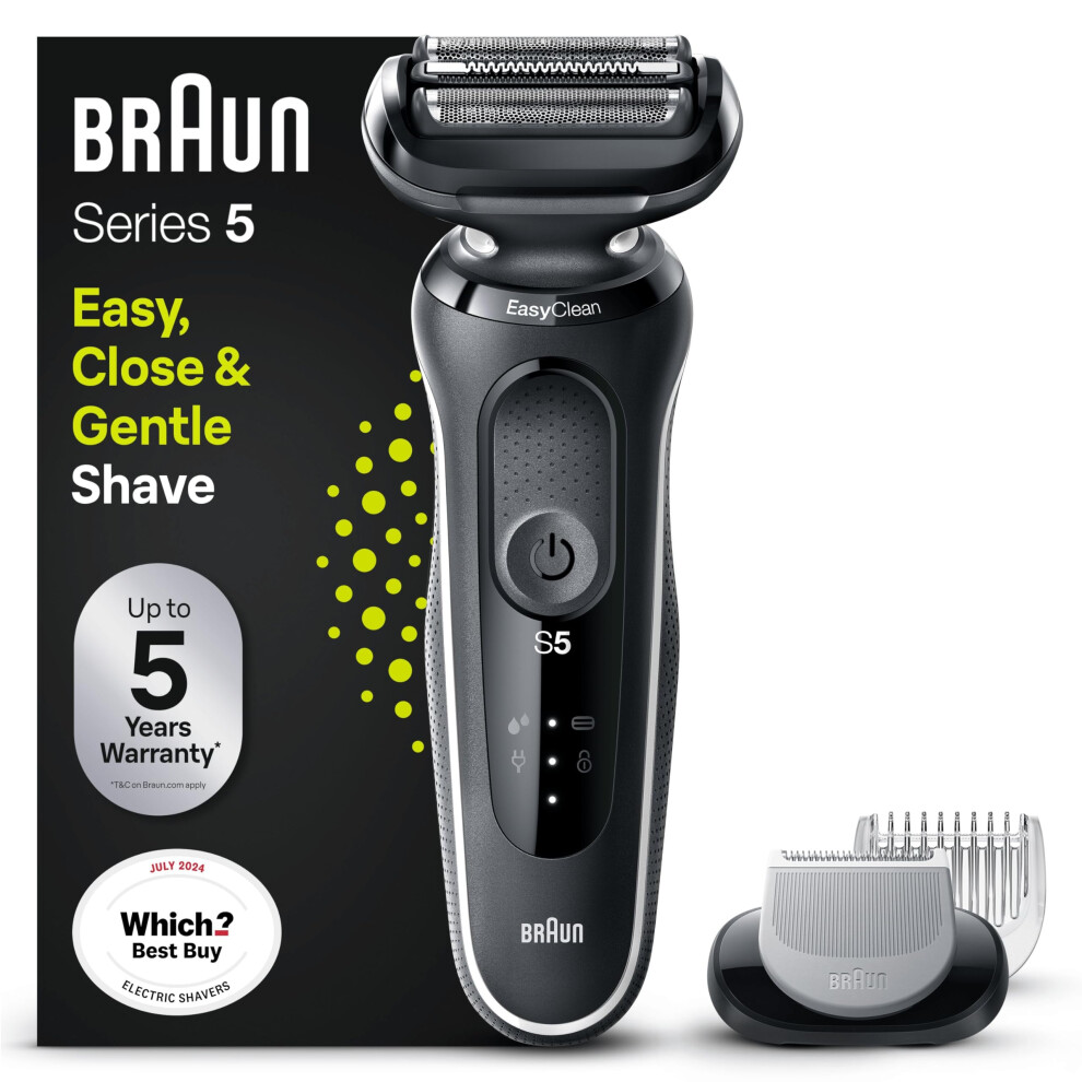 Braun Series 5 51-W1600s Electric Shaver for Men with EasyClick Body Groomer Attachment, EasyClean, Wet & Dry, Rechargeable, Cordless Foil Razor, Whi