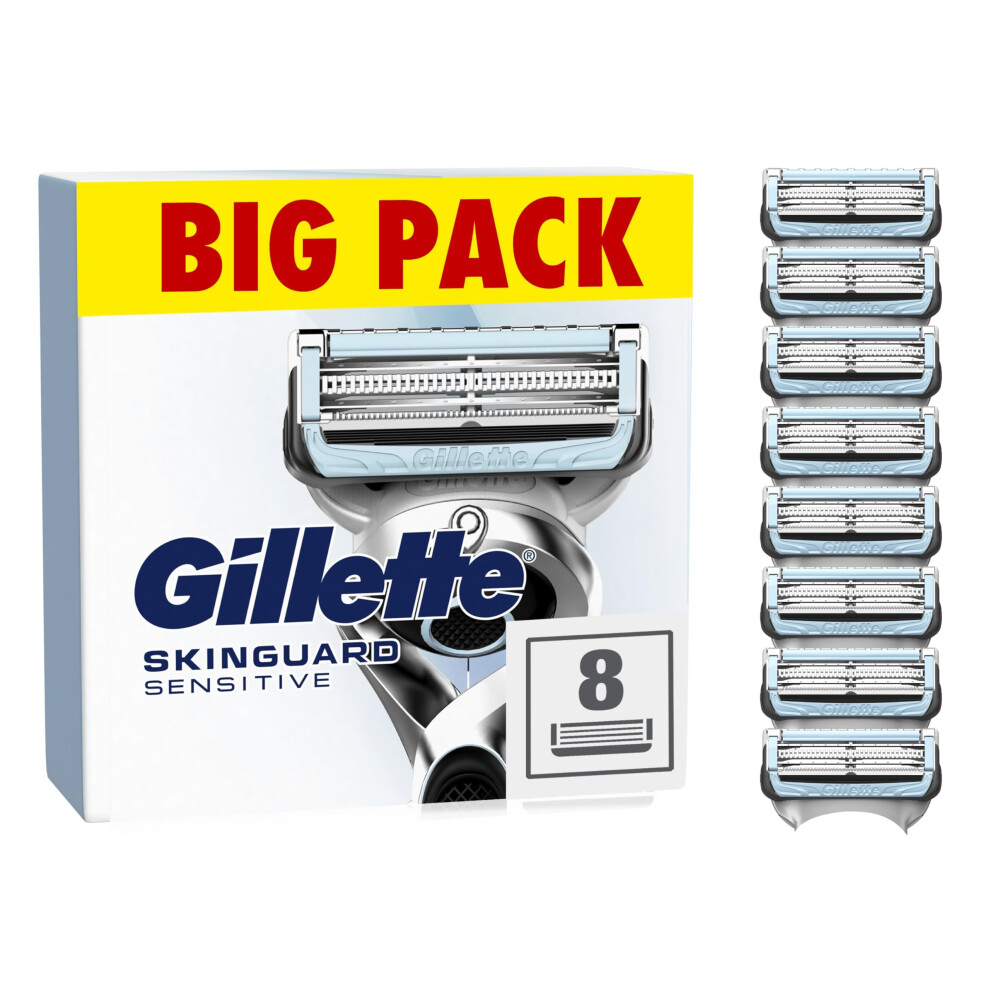 Gillette Skinguard Sensitive Razor Blades Men, Razors For Men, Pack Of 8 Razor Blade Refills With Precision Trimmer, Fits All Skinguard Prog