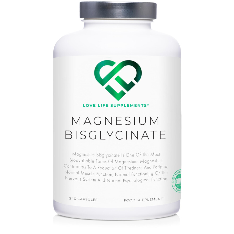 Love Life Supplements Magnesium Glycinate (Bisglycinate), 2 Month Supply - 240 Capsules, 2750Mg (303Mg Magnesium), Chelated Magnesium Supplements, Highly Bioavailable, Mad