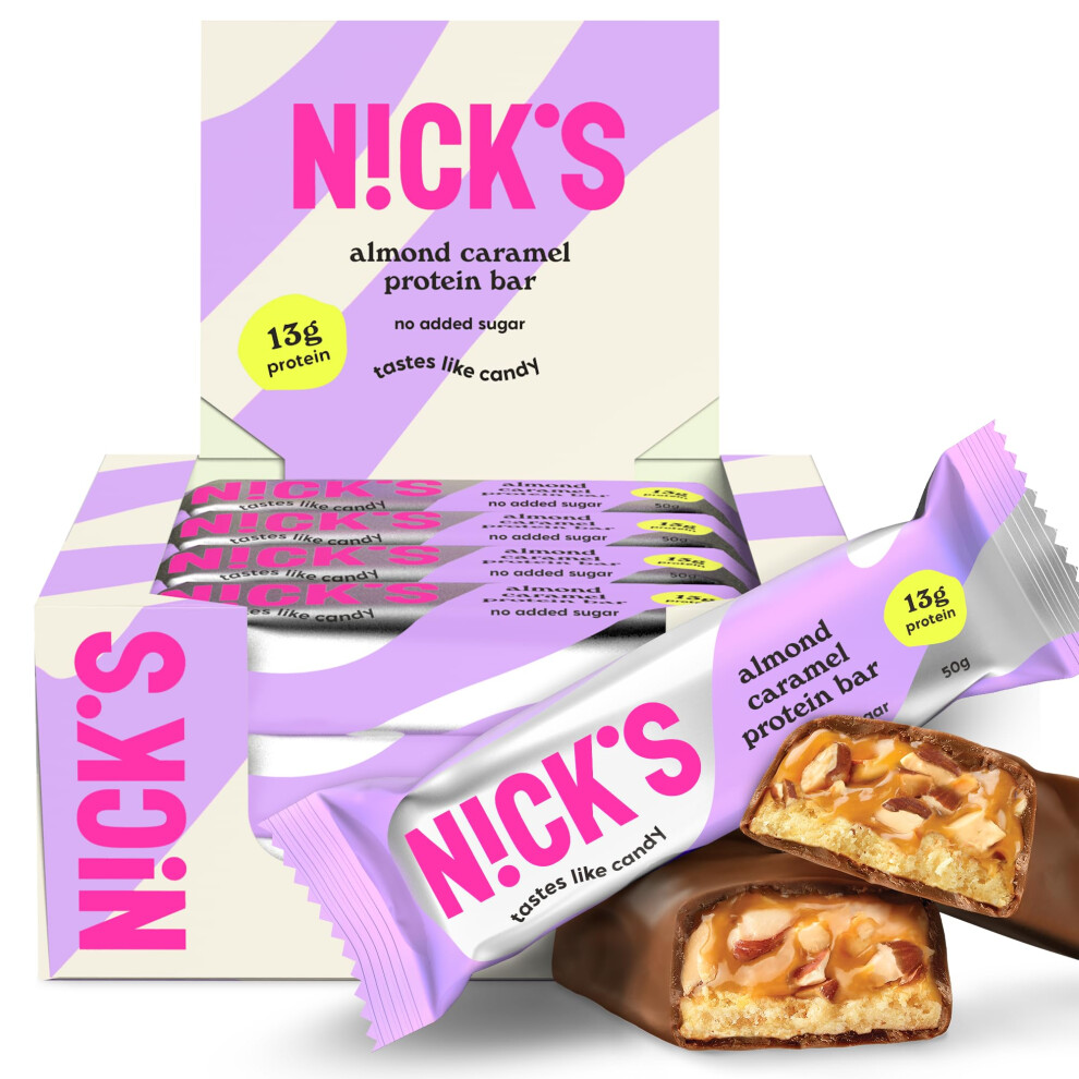 N!Ck's Nicks Keto Protein Bar Almond Caramel, 13 G Protein, 201 Calories, Low Carb Chocolate Snacks No Added Sugar Gluten Free (12 X 50 G)