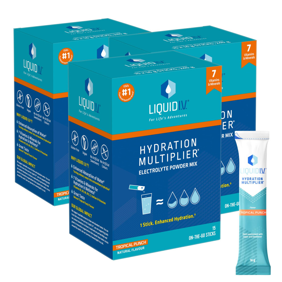 Liquid I.V. Hydration Sachets | Tropical Punch| Electrolyte Powder Mix | 3 Pack (45 Sticks) | 7 Vitamins and Minerals | Vegan