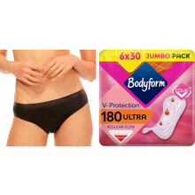 Bodyform Washable Period Pants, Menstrual Underwear for Moderate Flow, Bikini Cut - Pack of 1 - Black, Size M + Bodyform Ultra Normal Sanitary Towels