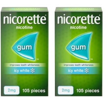 Nicorette Icy White 2mg Gum (105 Pieces), Fast-Acting Nicotine Gum to help curb cravings and Whiten Teeth, Discreet Stop Smoking Aid for Quitting Cig