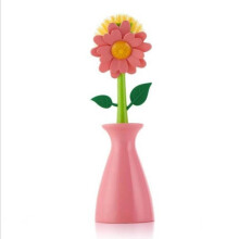 (Pink) Long Flower Handle Pan Brush Storage Bottle Cleaner Tool Creativity Decoration