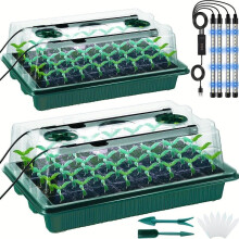 (Green, 2 Counts) Seed Germination Tray Set, 2 Counts Seed Starter Tray Kit with Grow Lights, Durable Growing Tray with LED Light for Greenhouse & Gardens