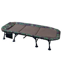Carp Fishing Bedchair 8 Leg Khaki Camo Padded Fleece Flat Lay + Pillow Camping