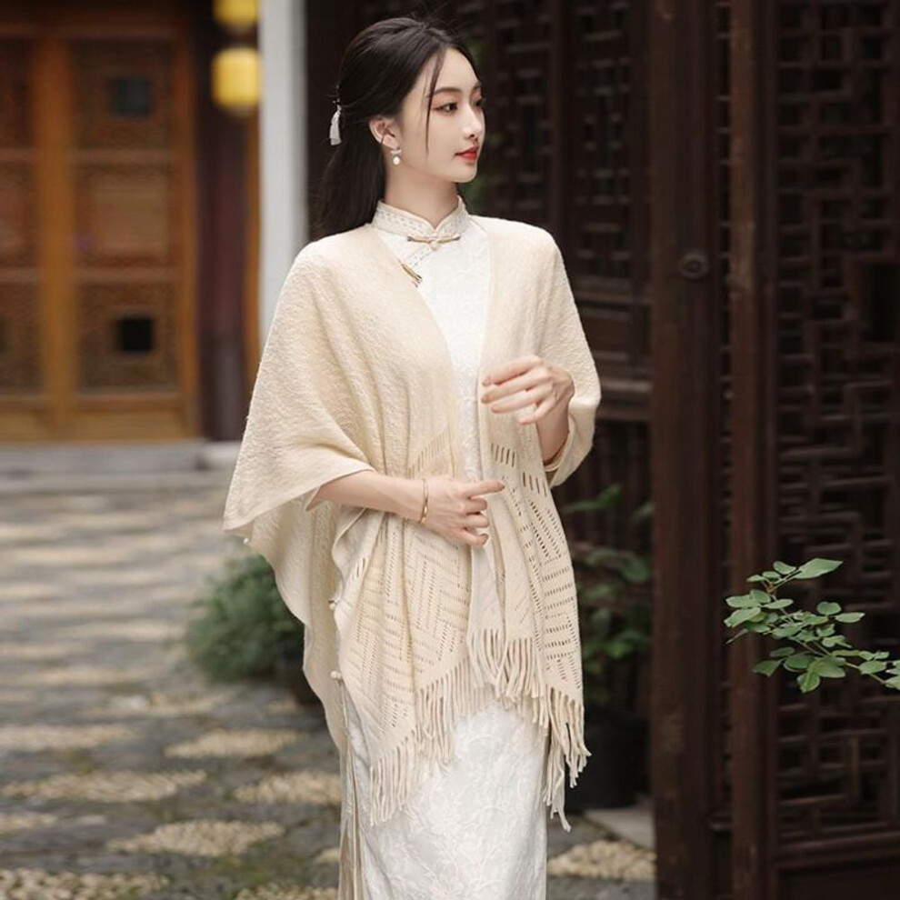 (beige) Off-white Thin Tassel Shawl: Fresh Artistic Style For Spring & Summer With Cheongsam Cardigan Cape Scarf Versatility