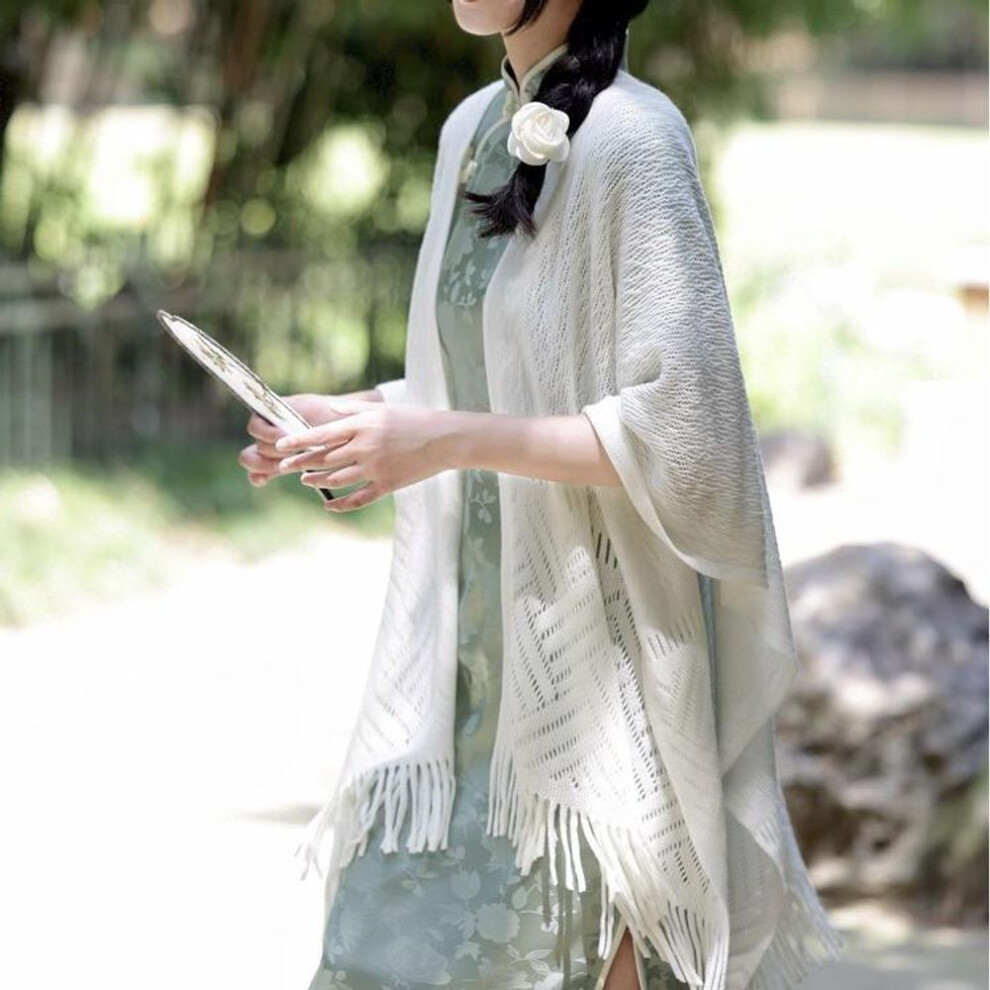 (milk white) Off-white Thin Tassel Shawl: Fresh Artistic Style For Spring & Summer With Cheongsam Cardigan Cape Scarf Versatility