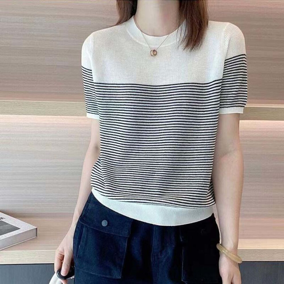 (XL, white) Women Summer T Shirt Vintage Striped Short Sleeve Tee Korean Fashion Round Neck Patchwork Tunics Casual Knitted Tops
