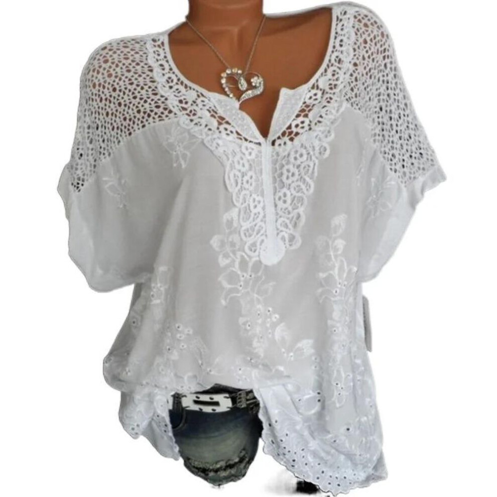 (XL, white) New Fashion Casual Loose White Plus Size Blouses Women Hollow Out Floral Sexy Women Shirts Short Sleeve Summer Vintage Solid Tops Female Clothes 28299
