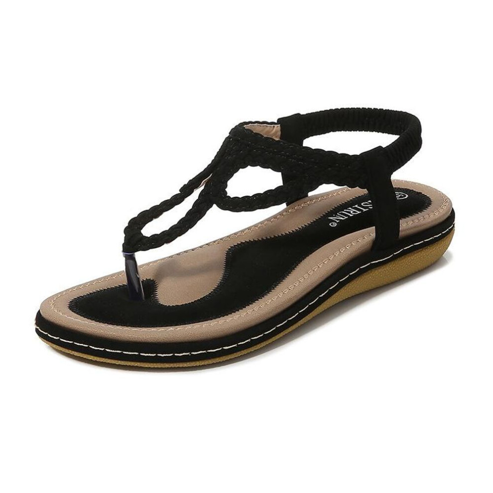 (black, 38) 2024 Summer New Woven Sandals Women's Simple And Light Casual Flat-bottomed Large-size Toe Sandals