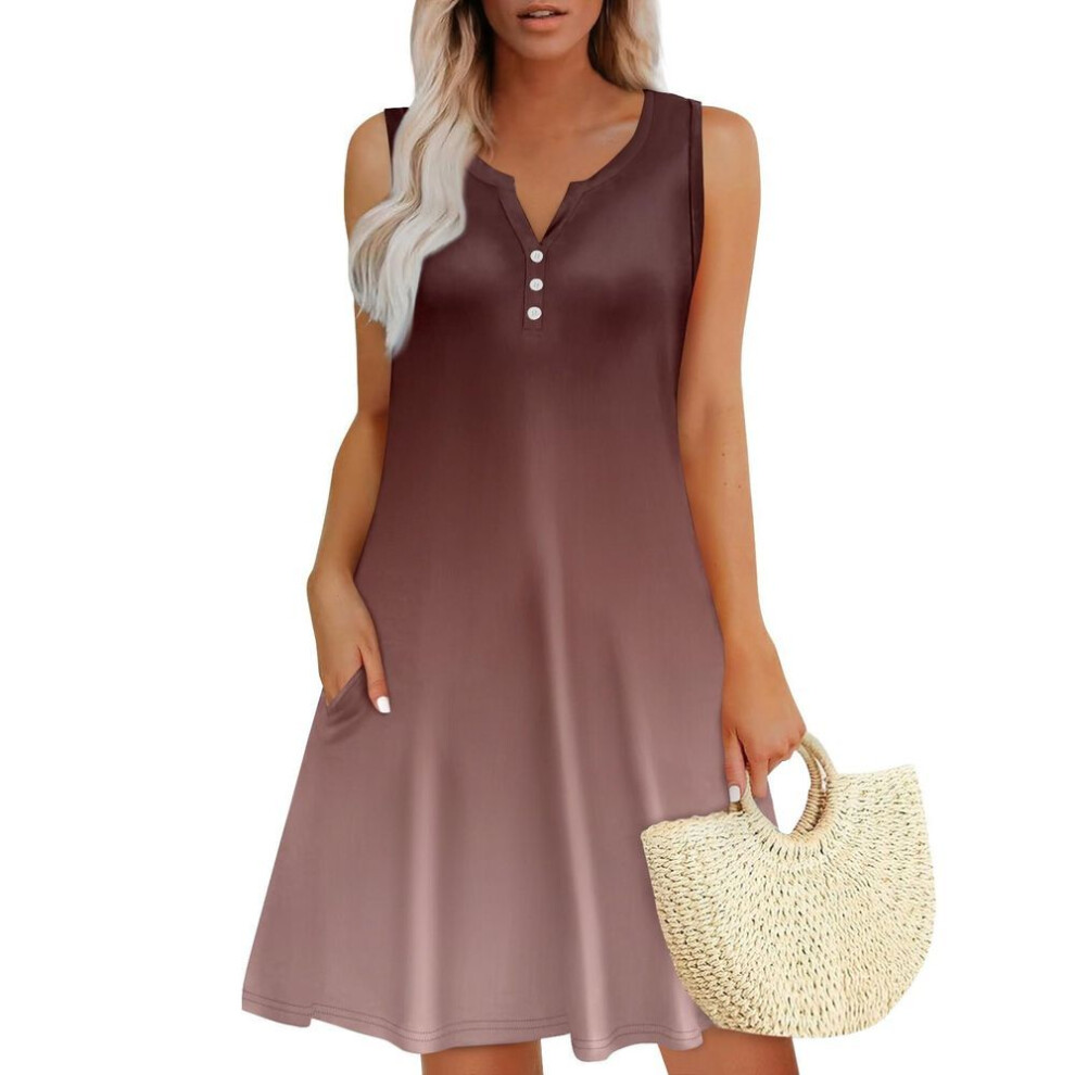 (brown, XXXL) Womens Summer Dresses Loose V Neck Sleeveless Sundresses Dress With Pockets