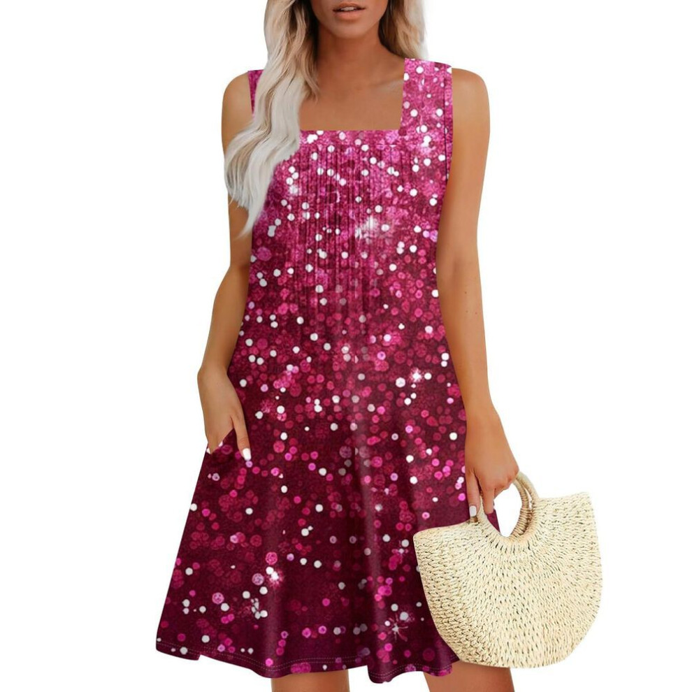 (hot pink, L) Womens Summer Dresses Loose  Sleeveless Sundresses Dress With Pockets
