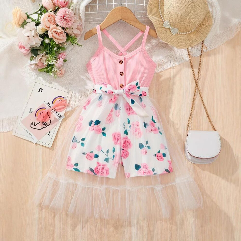 (pink, 5-6Y) Girls' Fashion Mesh Patchwork Flower Print Sweet Romper Summer Kids Casual Romper