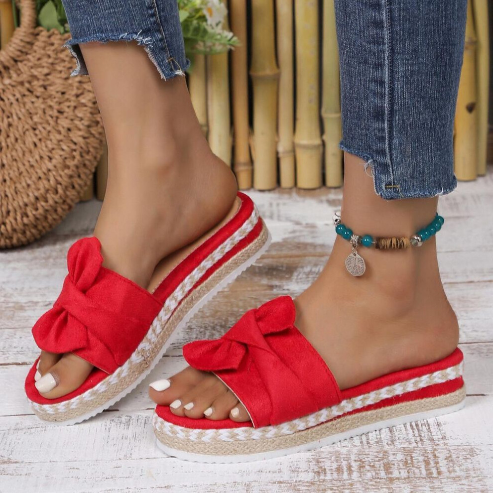 (red, 42) 2024 Summer Wedge Heel Bowknot Sandals For Women - Large Size Beach Slippers With Thick Hemp Rope