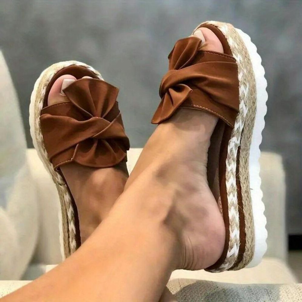 (dark brown, 37) 2024 Summer Wedge Heel Bowknot Sandals For Women - Large Size Beach Slippers With Thick Hemp Rope