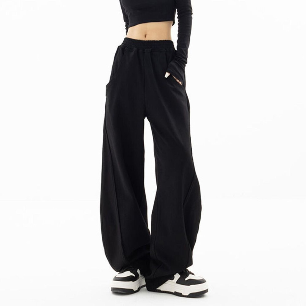 (black, M) Women's Trendy Wide Leg Sports Pants, Casual Elastic Waist, Loose-fit Straight Tube Pants With Pockets
