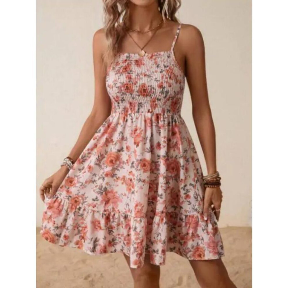 (pink, M) Spring/summer Women's Halter Strapless Floral Print Dress