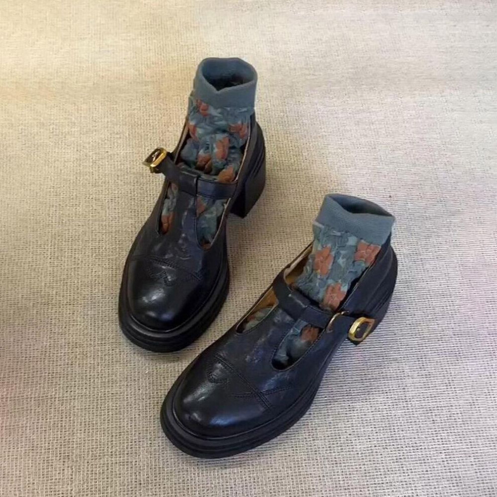 (black, 39) Platform Thick Heel British Style Retro Small Leather Shoes Women's Loafers Round Head Single Shoes Mary Jane Shoes