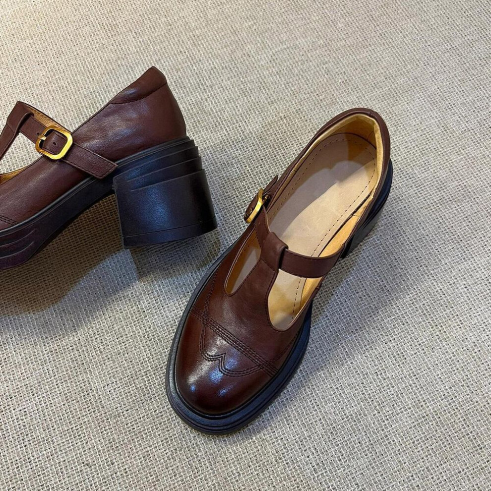 (brown, 39) Platform Thick Heel British Style Retro Small Leather Shoes Women's Loafers Round Head Single Shoes Mary Jane Shoes