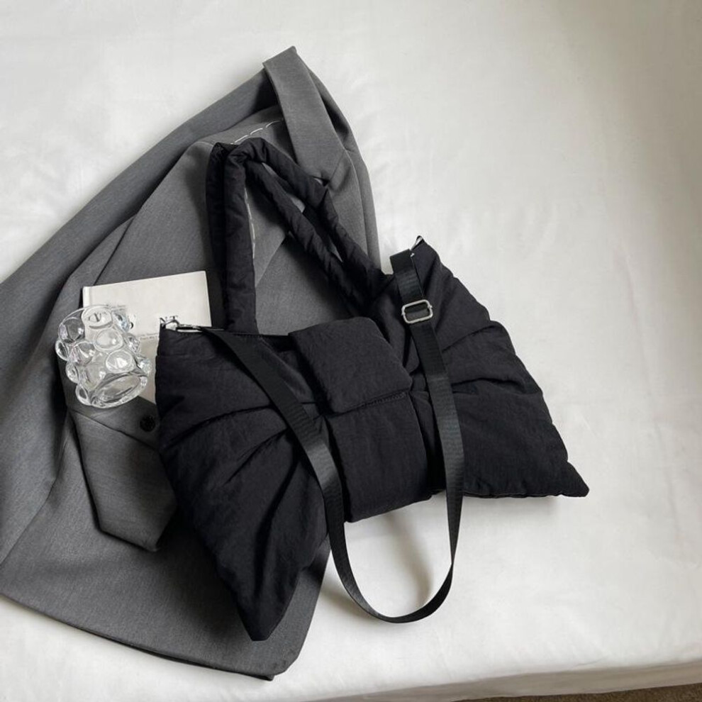 (black, 38x11x33cm) Nylon Puffer Shoulder Bag Women Bowknot Tote Bag Adjustable Strap Female Handbags Purse Causal Crossbody Messenger Bag