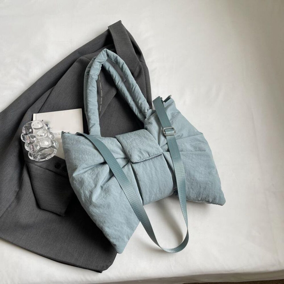 (blue, 38x11x33cm) Nylon Puffer Shoulder Bag Women Bowknot Tote Bag Adjustable Strap Female Handbags Purse Causal Crossbody Messenger Bag