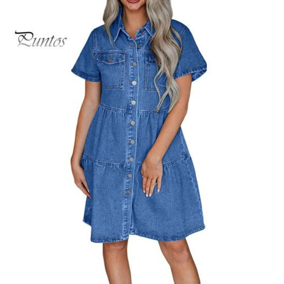 (blue, S) Women Dnim Dress A-line Patchwork Bing Swing With Chest Pockets Single-breasted Midi Dress Solid Color Turn-down Collar Summer Dress Young Style