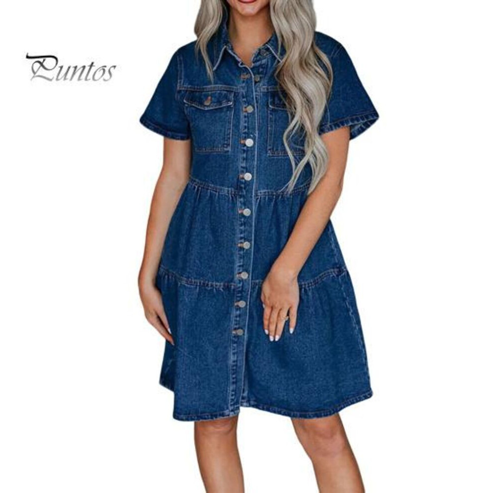 (dark blue, L) Women Dnim Dress A-line Patchwork Bing Swing With Chest Pockets Single-breasted Midi Dress Solid Color Turn-down Collar Summer Dress Young Style