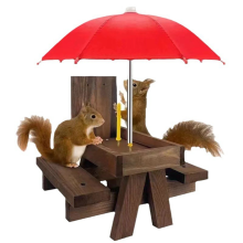 Mangiatoia in legno per scoiattoli, uccelli, animali domestici, tavolo da pranzo, panca, appeso, mini ombrello, ornamenti